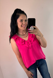 Fuchsia Double Ruffle V Neck Top