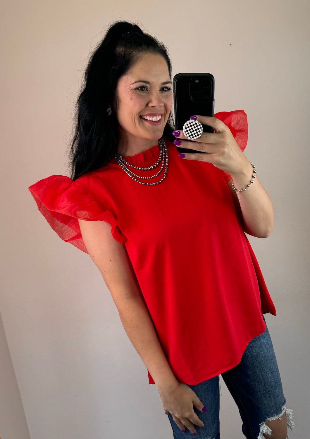 Red Tulle Sleeve Top