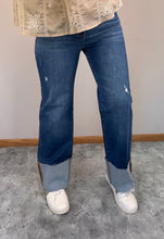 Load image into Gallery viewer, Dark Wash Wide Leg Cuffed Risen Jeans
