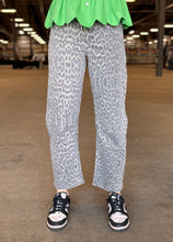 Load image into Gallery viewer, High Rise Tie Waist Grey Leopard Vervet Barrel Jeans
