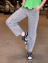 Load image into Gallery viewer, High Rise Tie Waist Grey Leopard Vervet Barrel Jeans
