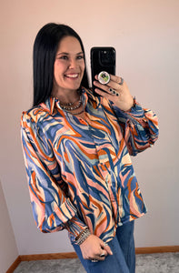 Satin Print Button Down Top