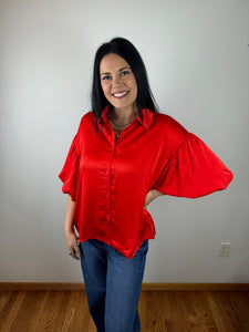 Satin Puff Sleeve Button Down Top **2 COLORS**