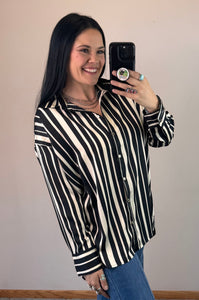 Black Striped Satin Button Down Top