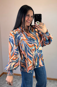 Satin Print Button Down Top