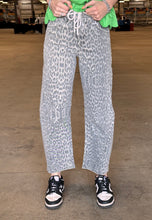 Load image into Gallery viewer, High Rise Tie Waist Grey Leopard Vervet Barrel Jeans
