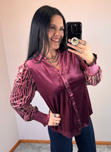 Load image into Gallery viewer, Dark Mauve Velvet Button Up Top
