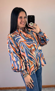 Satin Print Button Down Top