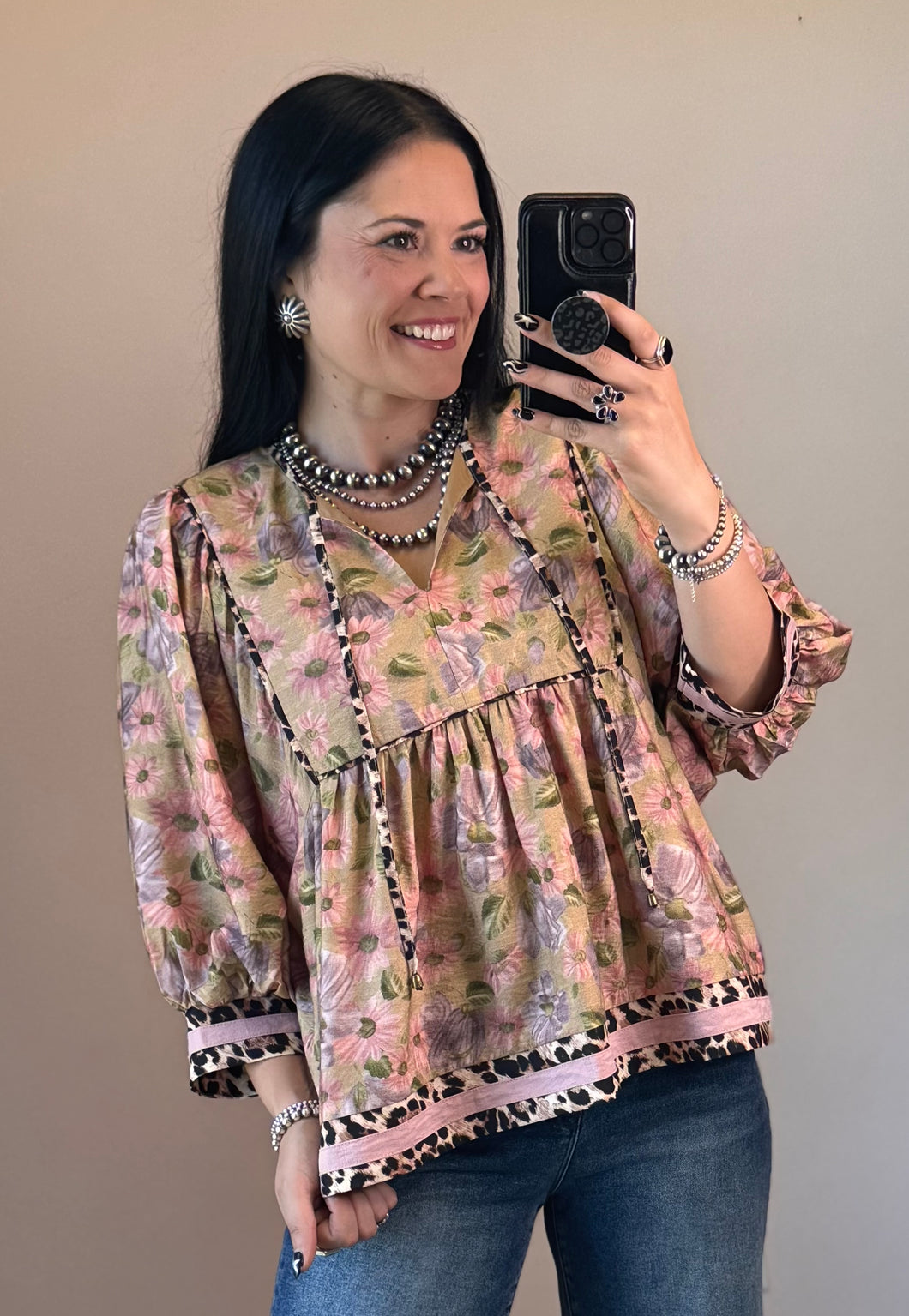 Camel Floral Leopard Top - PLUS