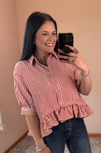 Load image into Gallery viewer, Striped Ruffle Hem Button Down Top
