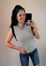 Load image into Gallery viewer, Striped Mock Neck Pleather Sleeve Tank
