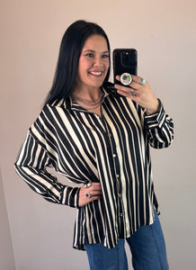 Black Striped Satin Button Down Top