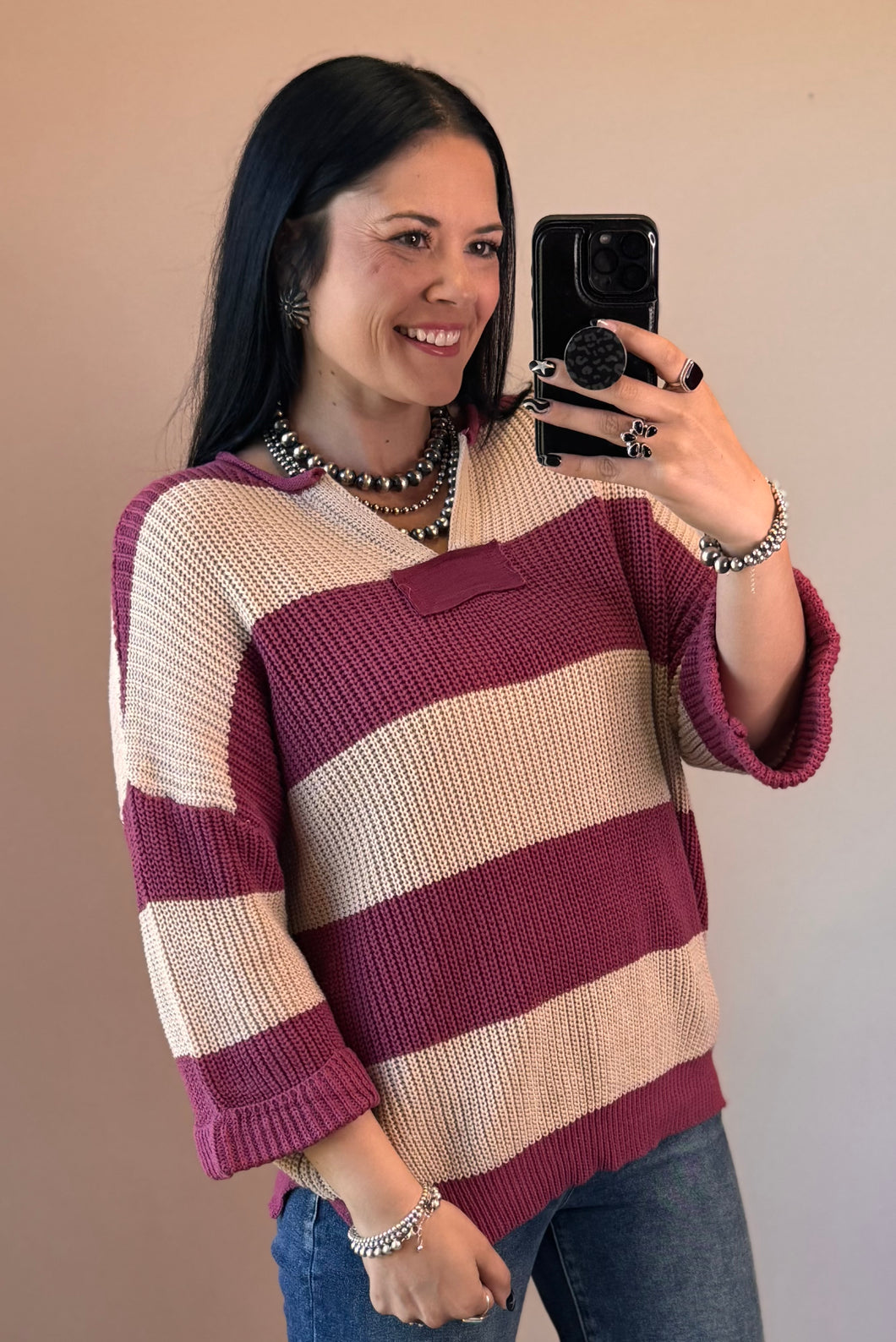 Mauve Striped Knit Top - PLUS