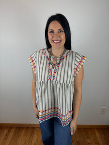 Charcoal Striped Embroidered Top