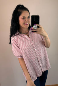 Berry Pinstriped Button Down Top