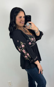 Black Embroidered Babydoll Top