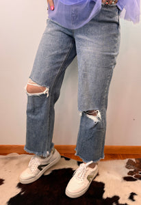 Distressed Slim Wide Cropped Flying Monkey Jeans.