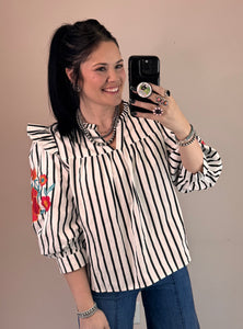 Striped Embroidery Sleeve Top **2 COLORS**