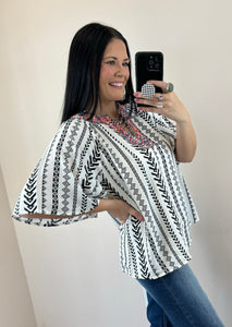 Ivory And Black Geo Print Embroidered Top