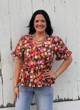 Load image into Gallery viewer, Black Floral Peplum Top
