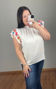 White Embroidered Sleeve Top - PLUS