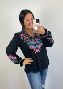 Black Gingham Embroidered Top