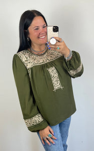 Olive Embroidered Top