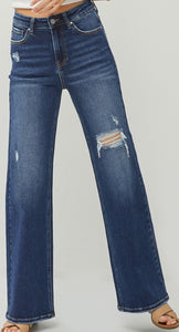 High Rise Distressed Wide Leg Risen Jeans