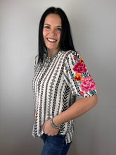 Load image into Gallery viewer, Black Geo Print Embroidered Sleeve Top - PLUS
