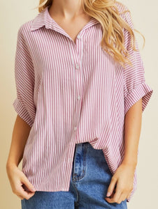 Berry Pinstriped Button Down Top