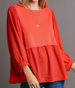 Solid Babydoll Contrast Material Top **2 COLORS**