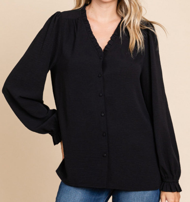 Frill V Neck Button Down Top **2 COLORS** - PLUS