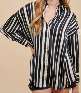 Black Striped Satin Button Down Top