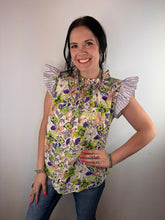 Load image into Gallery viewer, Flower Top With Striped Ruffle Cap Sleeves **2 COLORS**
