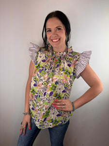 Flower Top With Striped Ruffle Cap Sleeves **2 COLORS**