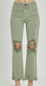Olive Distressed Straight Risen Jeans