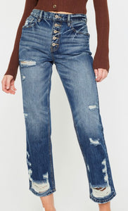 Dark Wash Button Fly Distressed Straight Leg KanCan Jeans