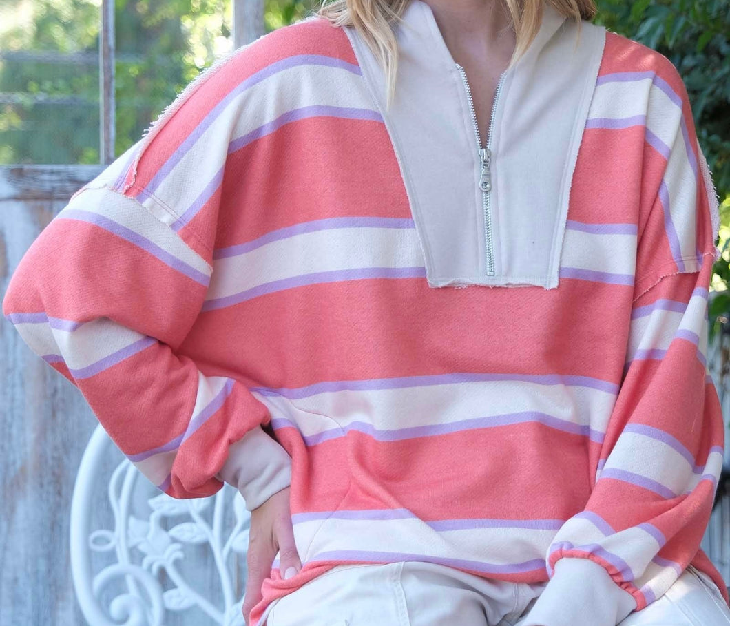 Striped Oversized 1/4 Zip Pullover Top- PLUS