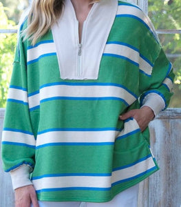 Striped Oversized 1/4 Zip Pullover Top- PLUS