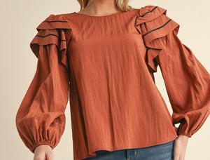 Rust Wrinkly Ruffly Shoulder Top