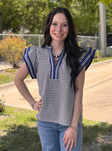 Load image into Gallery viewer, Navy Gingham Flutter Sleeve Top
