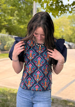 Load image into Gallery viewer, Navy Abstract Puff Flutter Sleeve Scallop Hem Top
