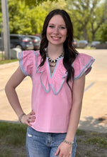 Load image into Gallery viewer, Pink Triangle Stich Ruffled Top
