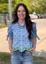 Load image into Gallery viewer, Blue Dot Lace Detail Top
