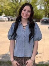 Load image into Gallery viewer, Denim Puff Sleeve Button Up Top
