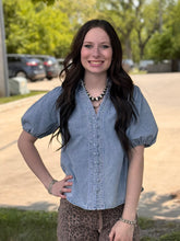 Load image into Gallery viewer, Denim Puff Sleeve Button Up Top
