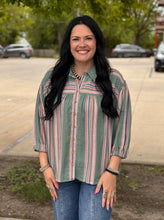 Load image into Gallery viewer, Moss Striped Linen Button Down Top
