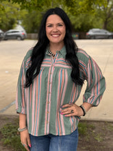 Load image into Gallery viewer, Moss Striped Linen Button Down Top

