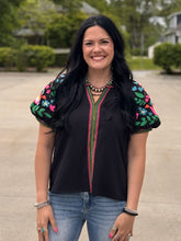 Load image into Gallery viewer, Floral Stripe Detail Puff Sleeve Top
