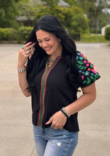 Load image into Gallery viewer, Floral Stripe Detail Puff Sleeve Top
